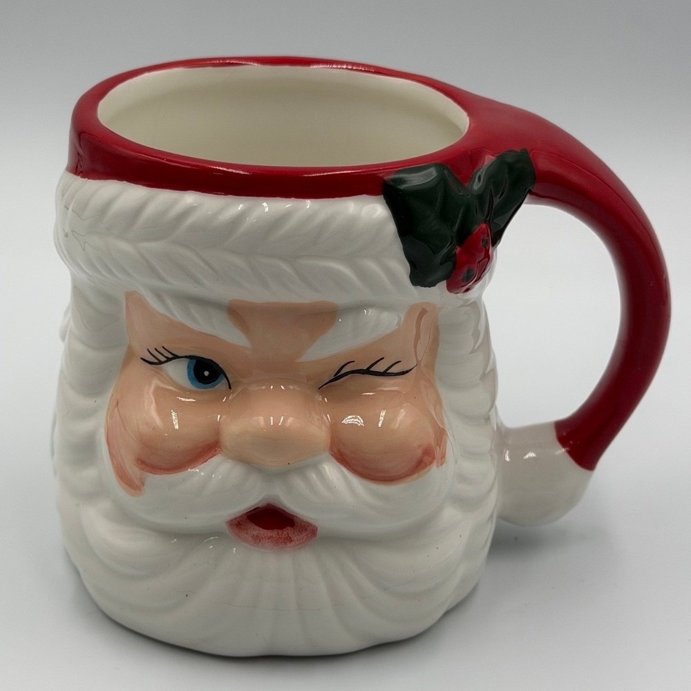 Sleigh Bell Bistro Winking Santa Claus Ceramic Mug Christmas Holiday Vtg NOTE